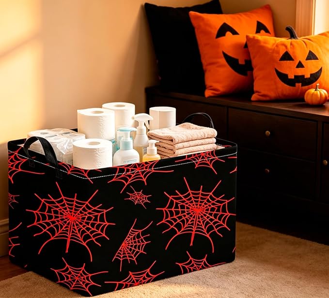 CLOCOR Rectangular Storage Basket Empty,Gift Basket,Waterproof Storage Bin with Handles,Room Decor(Red Spiderweb)