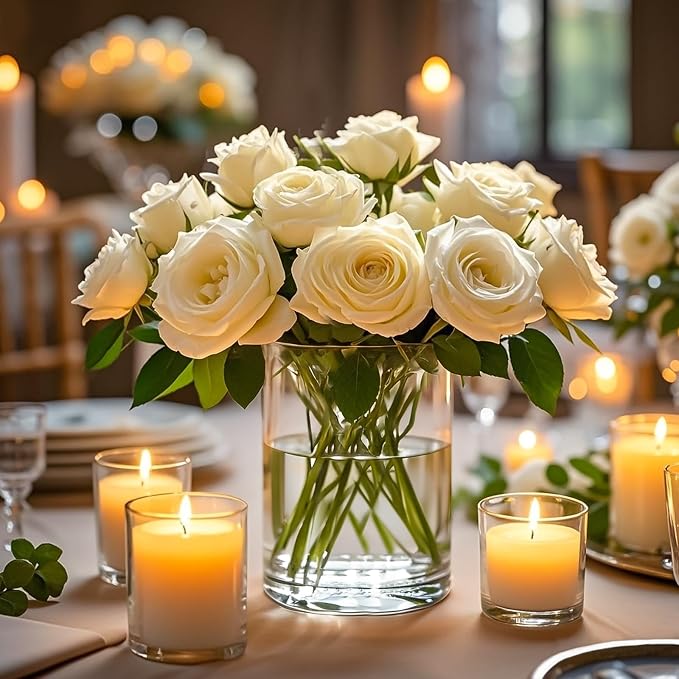 2pcs 6" x 4.7" Clear Glass Cylinder Vases for Centerpieces | Wide Mouth Flower Vases for Wedding & Home Decor, Hurricane Floating Candle Holders for Table, Includes 2 Floral Tapes