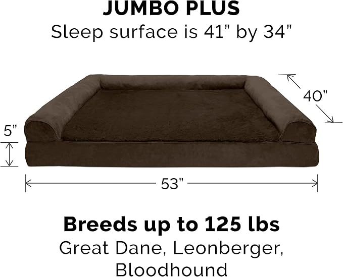Furhaven Cooling Gel Dog Bed for Large Dogs w/ Removable Bolsters & Washable Cover, For Dogs Up to 125 lbs - Plush & Suede Sofa - Espresso, Jumbo Plus/XXL