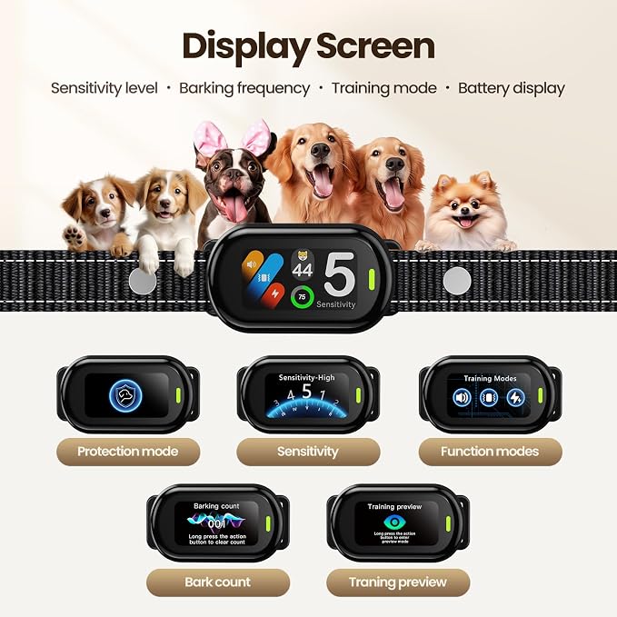 Dog Bark Collar with AI Bark Recognition, Smart Anti Bark Collar for Small Medium Large Dogs, Rechargeable Dog Training Collar with False Trigger Protection, Adjustable Sensitivity, Waterproof