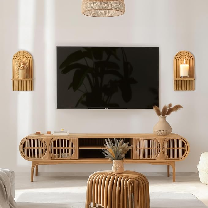 Boho Wall Decor Set of Two: Wood Wall Candle Holder | 3D Arch Design, Natural Minimalist Candle Sconces for Pillar or Plants, for Living Room, Bathroom, Nursery, Bedroom