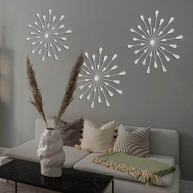 ZEXUIRU 3 Set Silver Starburst Wall Art for Home Decor Metal Bling Crystal Rhinestones Sunburst Wall Decor Sparkling Rhinestone Art Accent Silver - 13in