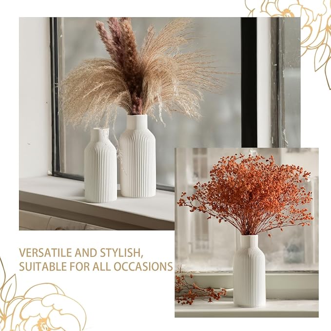 Bohemian White Ceramic Vase - for Pampas Grass, Mantel, Bookshelf, Entryway and Living Room Decor (White, Set of 3)