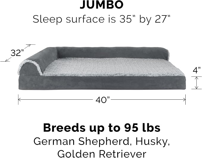 Furhaven Memory Foam Dog Bed for Large Dogs w/ Removable Bolsters & Washable Cover, For Dogs Up to 95 lbs - Two-Tone Plush Faux Fur & Suede L Shaped Chaise - Stone Gray, Jumbo/XL