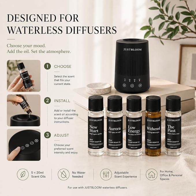 JustBloom Hotel Diffuser Oil Set, 5 Scents, 5 x 20 mL | Five hotel-inspired fragrance oil blends for waterless and cold-air diffusers, designed for home, office and all-season use.