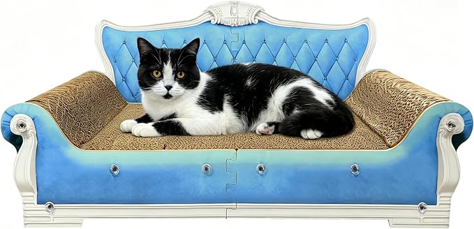 Luxury Cardboard Cat Scratcher Sofa Bed, Couch Shaped Scratching Board, Scratch Lounge with Catnip Toy, Cat Scratcher for Indoor Cats Large Blue 25.4"x12"
