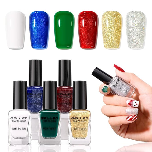 GELLEN Christmas Nail Polish, Winter Air Dry Regular Nail Lacquer Polish Red Green Blue White Gold Silver Glitter 6-Color Set, For Fingernail Toe Nails Home Salon, Not UV Gel, Hema Free, Non-toxic
