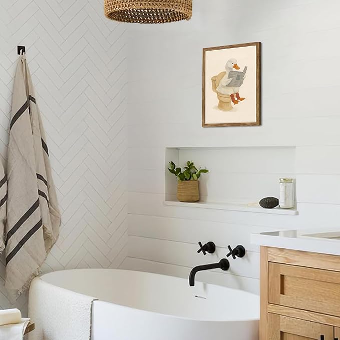Framed Duck Bathroom Wall Art, Whimsical Duck Reading on Toilet, Funny Kids Bathroom Wall Decor, Vintage Farmhouse Toilet Decor, Cute Animal Canvas Print for kids Room 8x10 inch