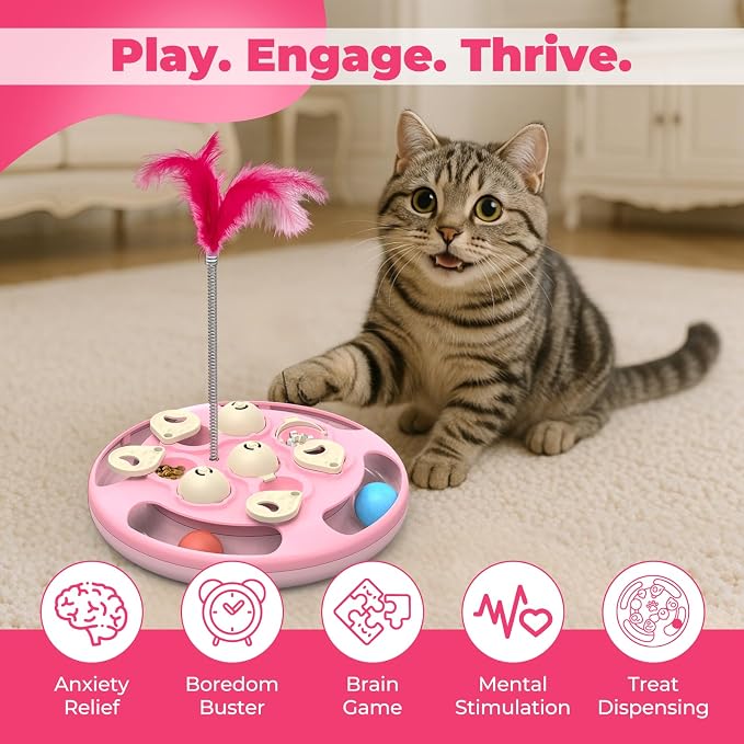 3 in 1 Cat Treat Puzzle Feeder, Level 3 Interactive Cat Puzzle Toy with Track Balls, Feather Teaser & Slow Feeder Insert, Non-Slip Base, Mental Stimulation for Bored Indoor Cats, Pink