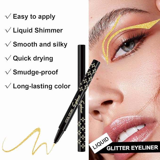 4Pcs Glitter Colored Liquid Eyeliner & Eyeshaow, Shimmer Liquid Eyeliner & Eyeshaow Makeup Set, Purple Blue Gold Green Face Body Glitter Makeup Sparkling Eye shaow Pen