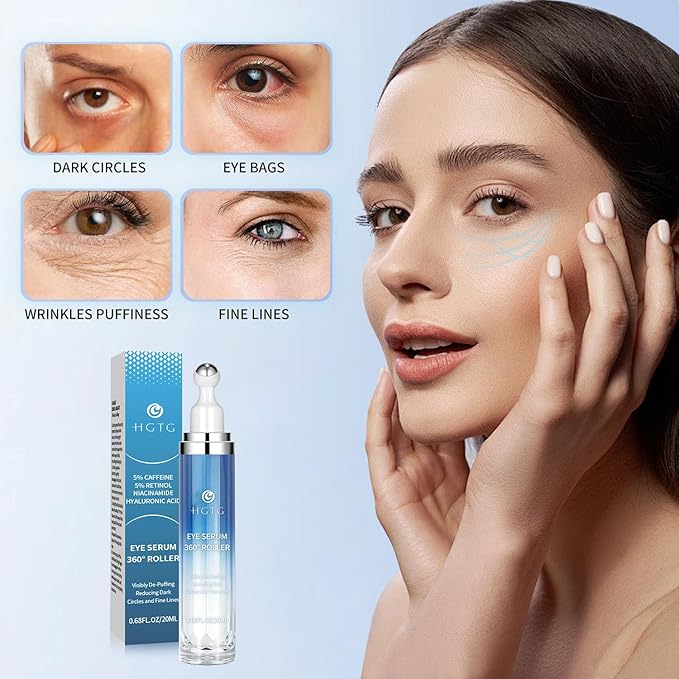 5% Caffeine Eye Serum with 360° Metal Roller, Under Eyes Cream for Dark Circles, EyeBags & Puffiness, Cooling Treatment for Women, 0.67 fl oz / 20 mL