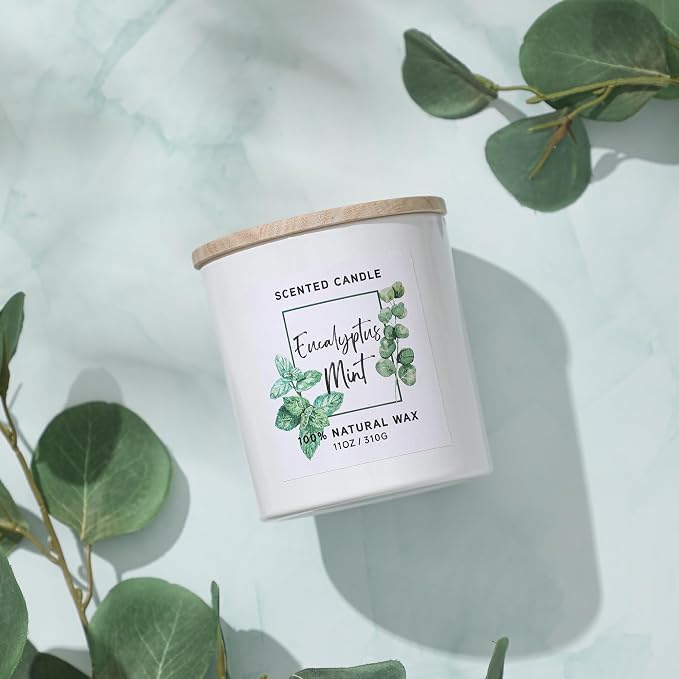 Eucalyptus & Mint Scented Candle,White Summer Candles for Home Scented,11oz | Aromatherapy Candle,Stress Relief Candle,Summer Gift for Women Men,Natural Soy Wax Candle,