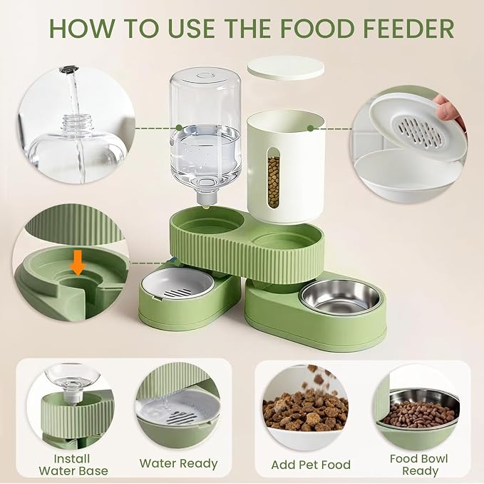 Gravity Cat Feeder 2 Pack Automatic Food Feeder Stainless Steel Water Dispenser Set 360° Rotatable Pet Bowls with Silicone Mat and Brush for Cats Small Medium Dogs, Large Capacity(Green)