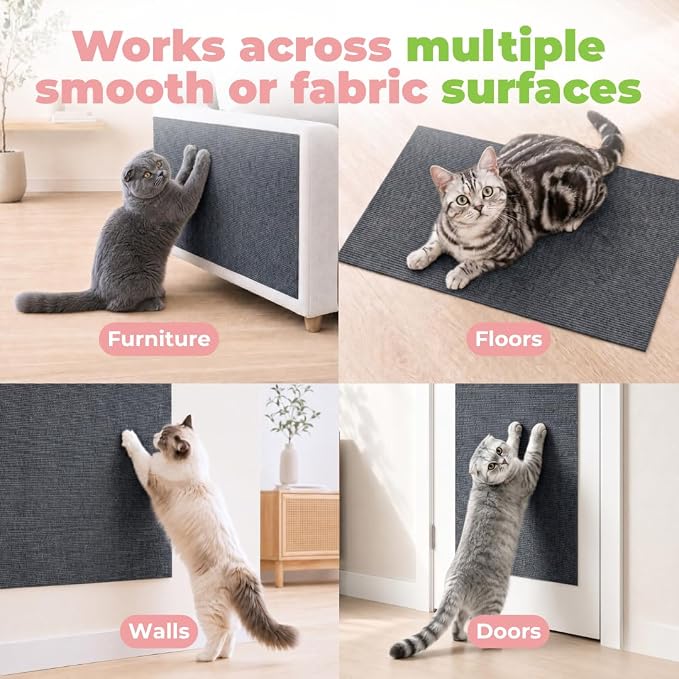 Catify Peel & Stick Cat Scratching Mat - Gray, L:39" | 39" x 15", Self-Adhesive Scratch Carpet, Furniture Protector for Couch, Sofa, Wall & Door, Indoor Kittens & Cats