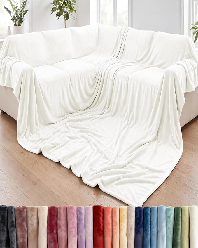 Ultra Soft Fleece Blanket Oversized King Size - Flannel Fleece Luxury Blanket - Lightweight for Couch Bed Chair - Thick, Warm and Breathable - All Season Cozy, Ivory
