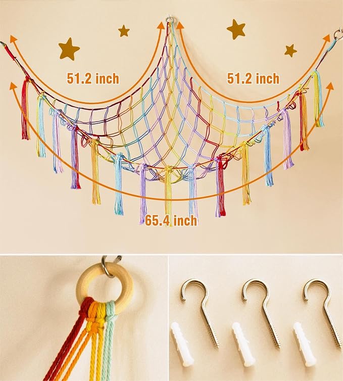 mirolam Stuffed Animal Hammock Corner Storage Net Cute Preppy Trendy Stuff Gifts for Teen Girls Baby Room Wall Nursery Decor Rainbow Color Colorful Unicorn Hanging Organizers XL Large