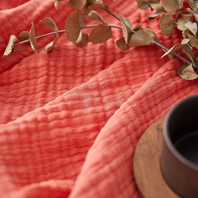 Simple&Opulence Cotton Muslin Throw Blanket for Bed, Couch, Knit Woven Gauze Blanket with Tassels, Soft Lightweight Cozy Pre-Washed Breathable Farmhouse Decoration for All-Season (Coral Red)