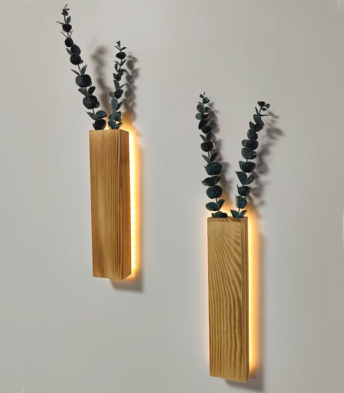 Artificial Eucalyptus with LED Lights Wall Planters Rustic Wall Decor with Lights Wall Sconces Fake Vines for Room Decor Home Bedroom Living Room Bathroom Hanging Vase (Natural)