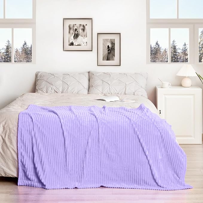 Vessia Flannel Fleece Throw Blanket for Couch,Sofa,Bed, 300GSM Striped Lavender Blanket for Adults and Kids, Super Soft Warm Cozy Lightweight Ribbed Lilac Throw for All-Season(Light Purple)