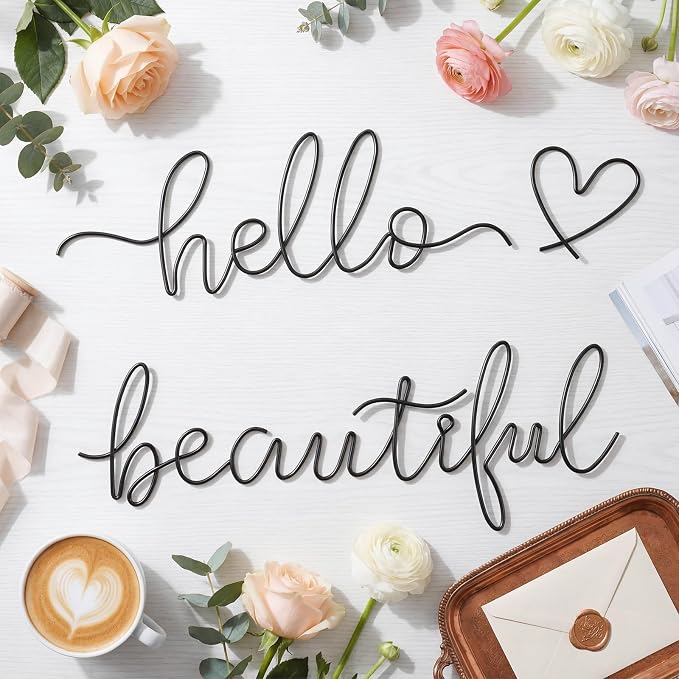 Hicarer Metal Hello Gorgeous Wall Art Minimalist Wall Decor,Black,Beautiful | for Bedroom Bathroom Living Room Dressing Room Salon Vanity Office Home Decoration, Easy to Install