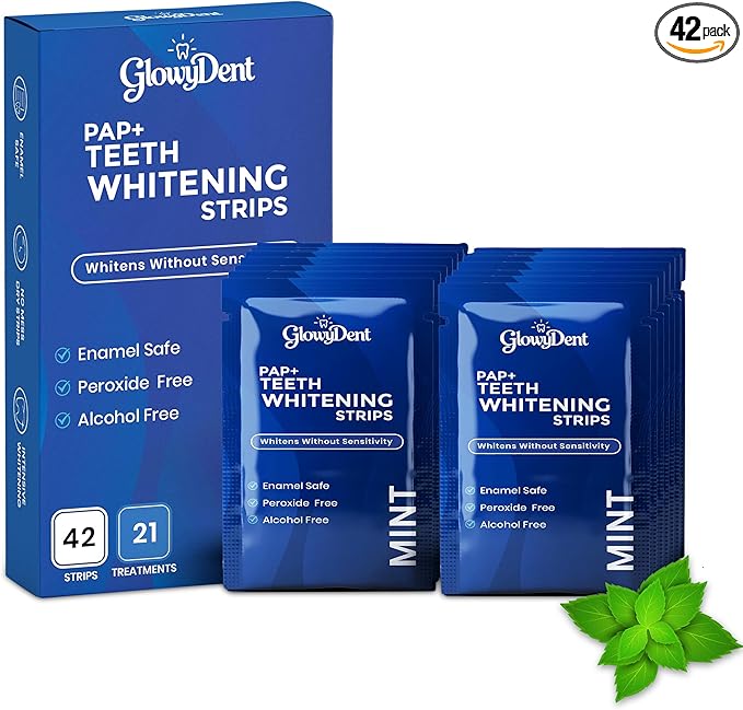 GlowyDent Teeth Whitening Strips – 21 Treatment (42 Strips), Pap+ Enamel-Safe Whitening Technology, Peroxide-Free for Sensitive Teeth