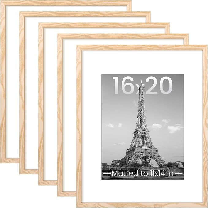 upsimples 16x20 Picture Frame, Gallery Wall Frames Set of 5, Natural | Poster Frame Collage Wall Decor, 11x14 Picture Frame with Mat for Family, Baby, Hallway, Christmas