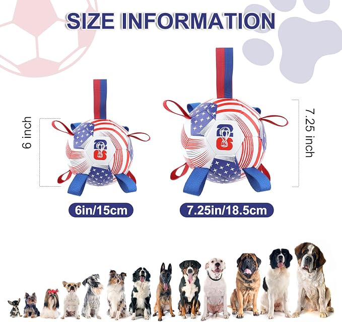 Dog Soccer Ball with Straps, 7.25 Inch Herding Dog Ball Toys World Cup Dog Toy, Balls for 30-90lbs Dogs, Outdoor Dog Toy for Medium Large Puppy, Interactive Toy for Tug, Water Toy Ball,U.S.A