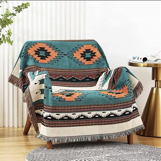 Homesy Aztec Throw Blanket Native Southwestern Bed Blankets 51"x63" Green | Southwest Decor,Boho Style,Sofa Chair Cover,Outdoor Beach Car Tent Travel Camping Use,Tapestry,Reversible and Tassels