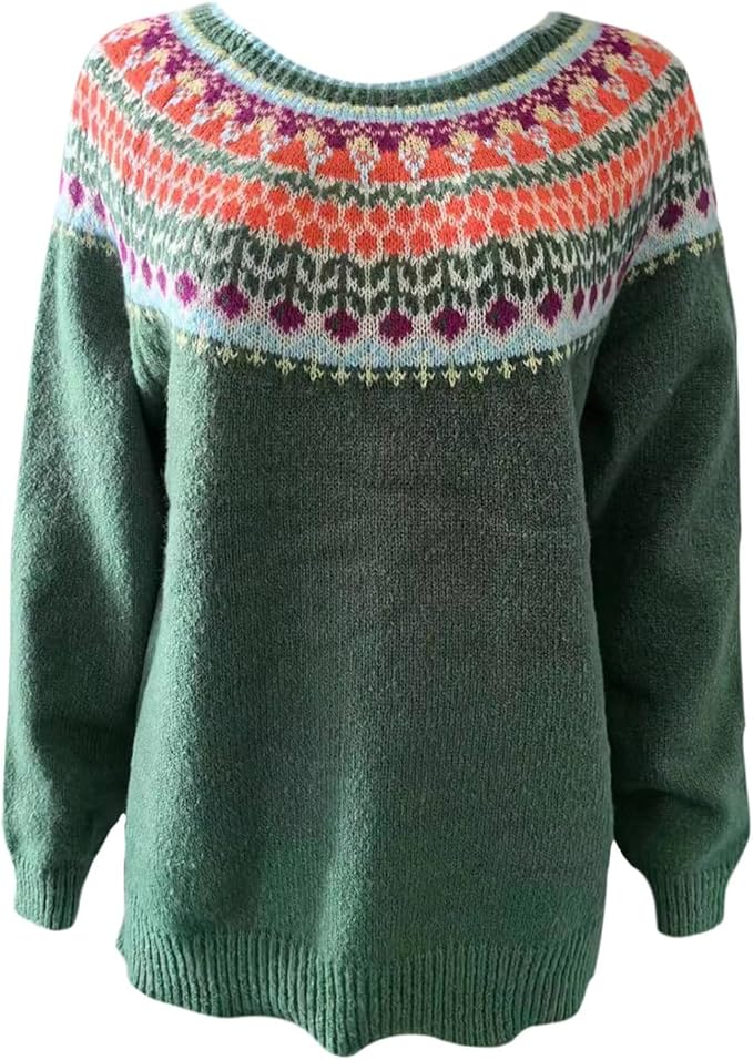 Zhyaj Fair Isle Sweater for Womens Winter Long Sleeve Vintage Knitted Sweater Casual Fall Crew Neck Pullover Sweaters