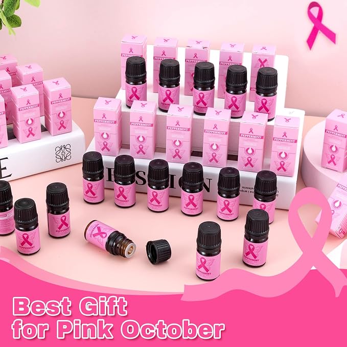 50 PCS Breast Cancer Awareness Peppermint Essential Oil Set for Skin Diffuser Candle Making Pink Ribbon Fragrance Aromatherapy Oils for Pink October Breast Cancer Charity Survivor Gifts (5ml)