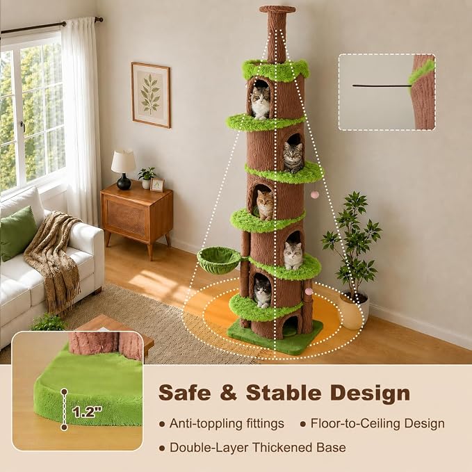 MUTTROS Magic Forest Floor-to-Ceiling Cat Tree, Adjustable 96.8"-116.5" | Designed for multi-cat homes, 6 spacious condos, scratching posts, hammock and perches for cats to climb, rest and relax