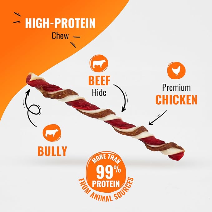 GOOD 'N' FUN Twists Long-Lasting Dog Treat with Real Bully, 12 Count | Premium Chicken, Bully & Beef Hide Chew, High Protein Supports Strong Muscles and Healthy Immune System, For Adult Dogs