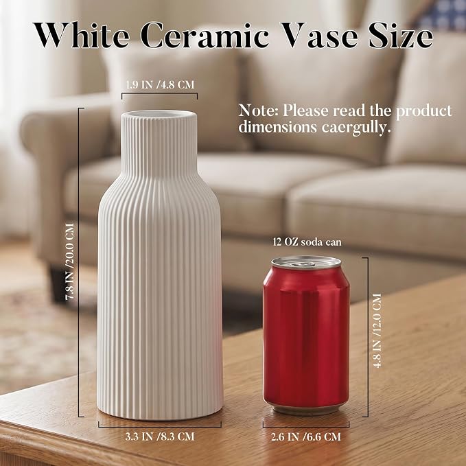 White Ceramic Vase, Modern Matte Ribbed Flower Vase for Pampas Grass, Fresh & Dried Flowers, Waterproof Decorative Home Decor for Living Room, Coffee Table, Bookshelf & Entryway