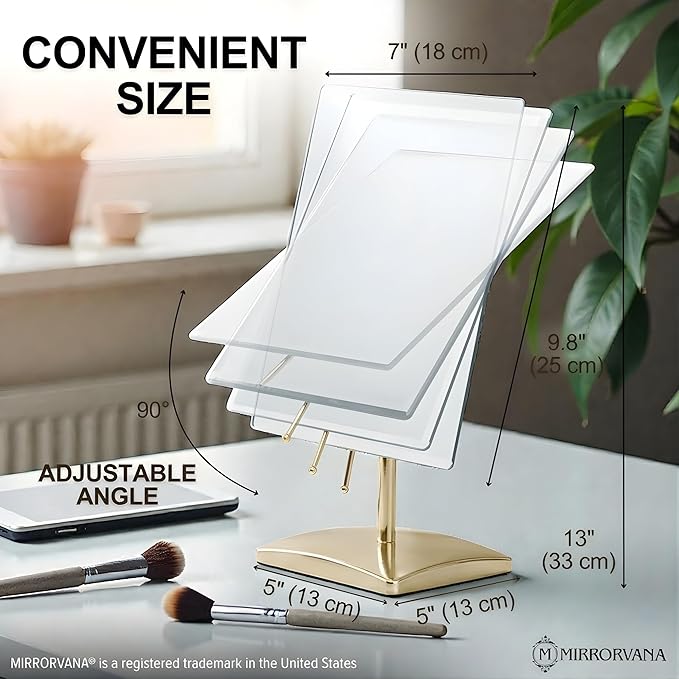 MIRRORVANA Large Free Standing Mirror - Frameless, Gold-Plated, Beveled Design for Desk, Retail Counter, Bathroom and Vanity Dressing Table (9.8" x 7")