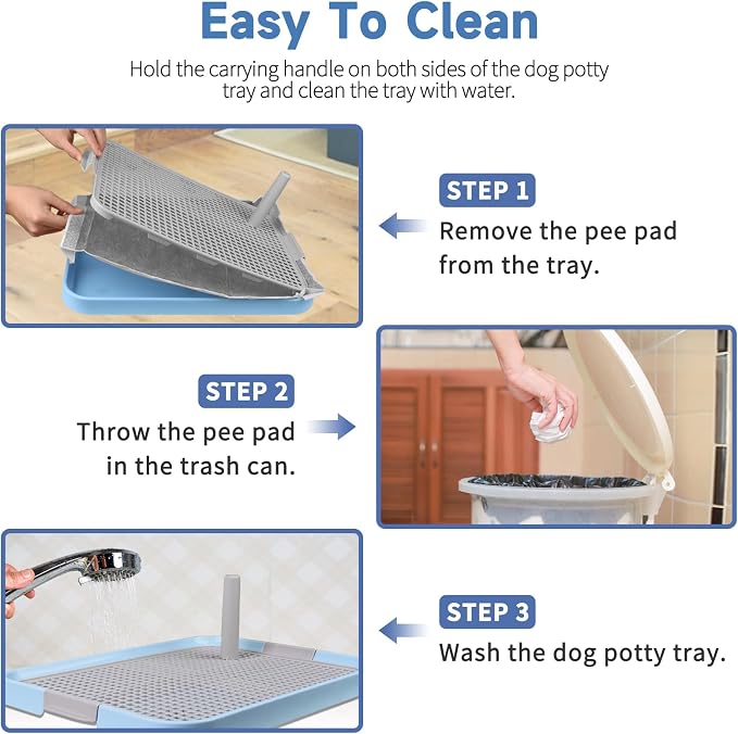 CUHIOY Dog Potty Tray Toilet 20"x14", Indoor Pee Pad Holder, Blue | With 8pcs Training Pads, Puppy Pee Mesh Potty Pan, Secure Latch Doggy Bathroom Litter Box for Small Medium Puppies