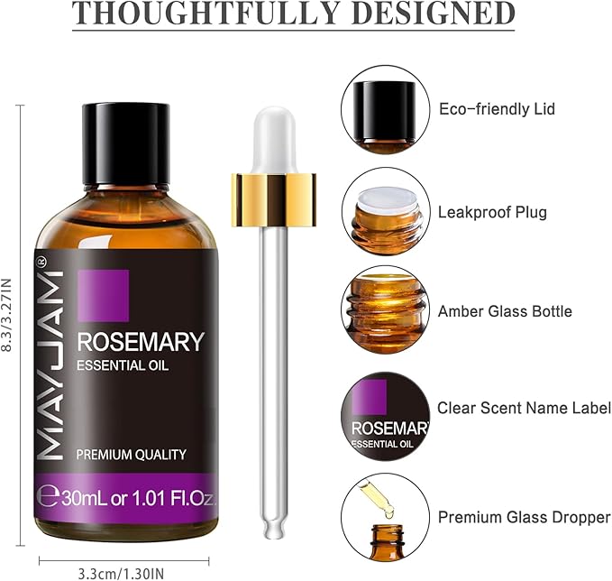 MAYJAM Rosemary Essential Oil for Hair Growth, Hair & Skin Care, 1.01fl.oz | Long Lasting Scents, Essential Oils for Diffusers for Home, Great for Soap Candle Making