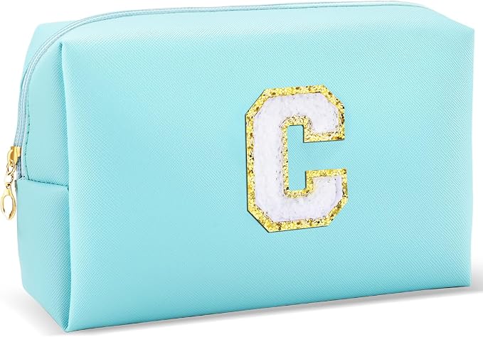 URSKYTOUS Gifts for Girls Initial Makeup Bag Personalized Cosmetic Bag with Zipper Cute Travel Toiletry Bag Waterproof PU Preppy Makeup Pouch Birthday Gift for Teen Girls Women(Blue C)