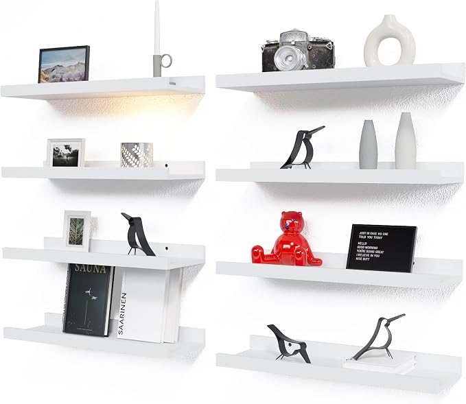 RICHER HOUSE 8 Set Floating Wall Mounted Shelves, Nursery Hanging Book Shelves with Lip for Storage, White Display Picture Ledge Shelf for Bedroom Bathroom Kitchen Living Room Wall Decor, Modern White | Display Picture Ledge Shelf, Anti-drop lip Shelf ...