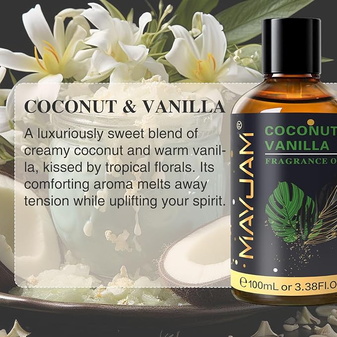 MAYJAM Coconut & Vanilla Fragrance Oils Essential Oil - Coconut & Vanilla Oil for Diffusers, 3.38FL.OZ/100ML Large Volume Fragrance Oil with Premium Glass Dropper
