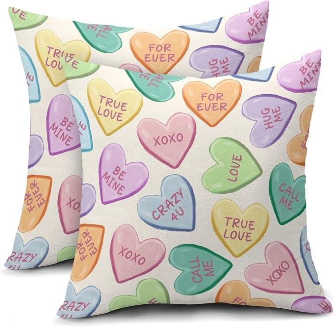 Valentine's Day Pillow Covers 20X20 Inch Set of 2 Colorful Cute Hearts Decorative Pillow Cases Candy Love Heart Anniversary Wedding Cushion Case Valentine Party Home Decor for Sofa Couch