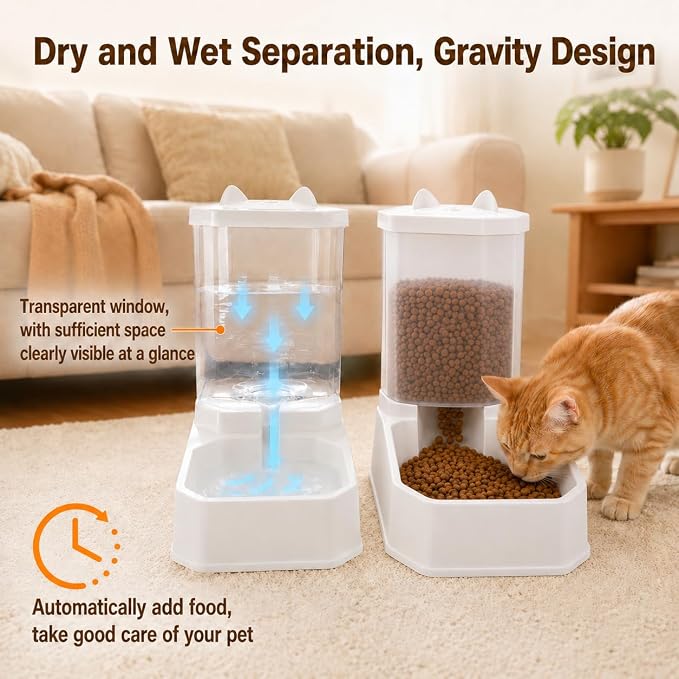 2 in 1 Gravity Pet Food Feeder and Water Dispenser for Cats & Small Dogs | 3.3L Large Capacity, BPA Free Material, Detachable & Dishwasher Safe, No Electrical Power Required
