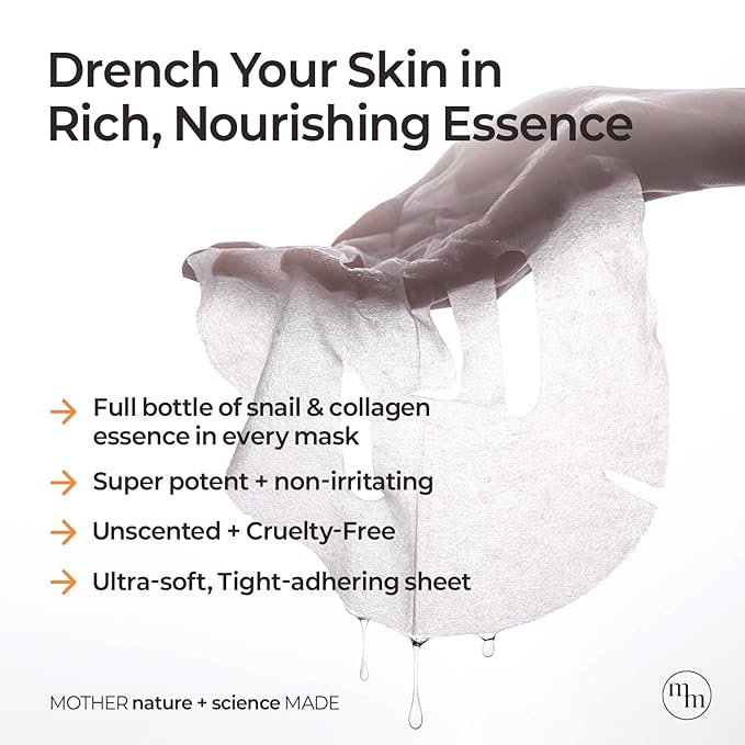 MOTHER MADE Glowing Glass Skin Hydrating Snail Deep Collagen Face Masks Set of 20 EA, with Niacinamide 2%, Vitamin E, Facial Mask for Dry, Sensitive Skin, Self Care, Korean Skincare