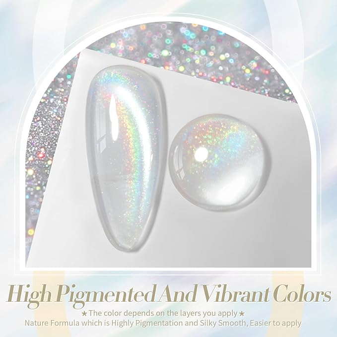 Born Pretty White Glitter Cat Magnetic Eye Gel Nail Polish, Holographic Glitter Iridescent Polish Soak Off Manicure Salon DIY Gifts 15ML