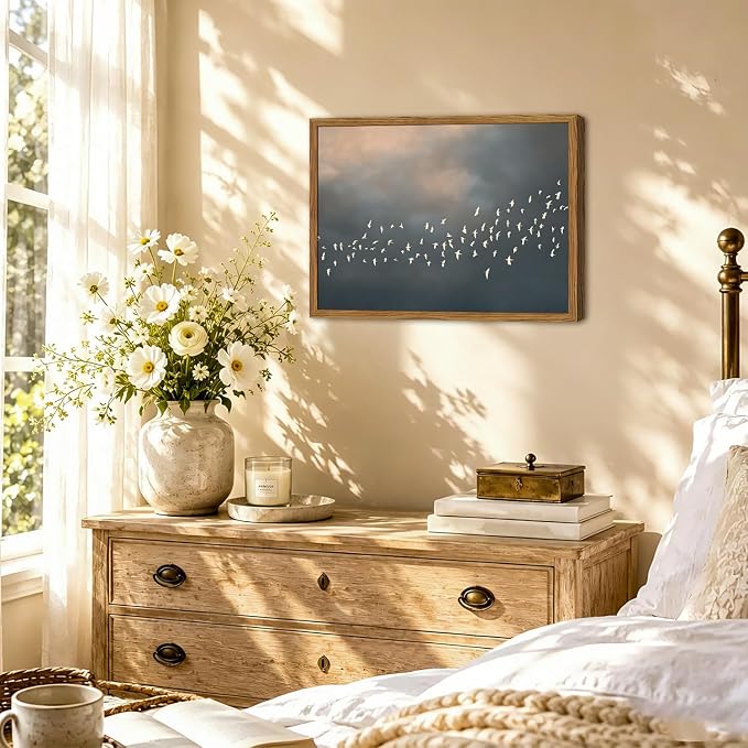 Framed Vintage Flying Bird Canvas Wall Art, Minimalist Abstract Flock of White Birds Pictures Wall Decor, Rustic Nature Wildlife Paintings Prints for Living Room Bedroom Bathroom 12x16 inch