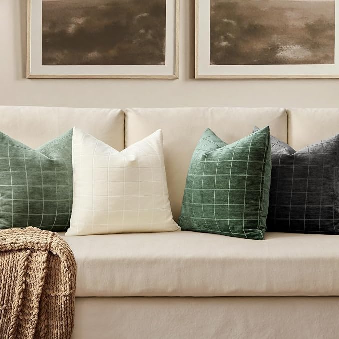 MIULEE Sage Plaid Decorative Throw Pillow Covers 18x18 Set of 2 | Vintage, Check Chenille Couch Pillows, Neutral Boho Farmhouse Cushion Covers, Modern Home Decor for Sofa Bed Living Room