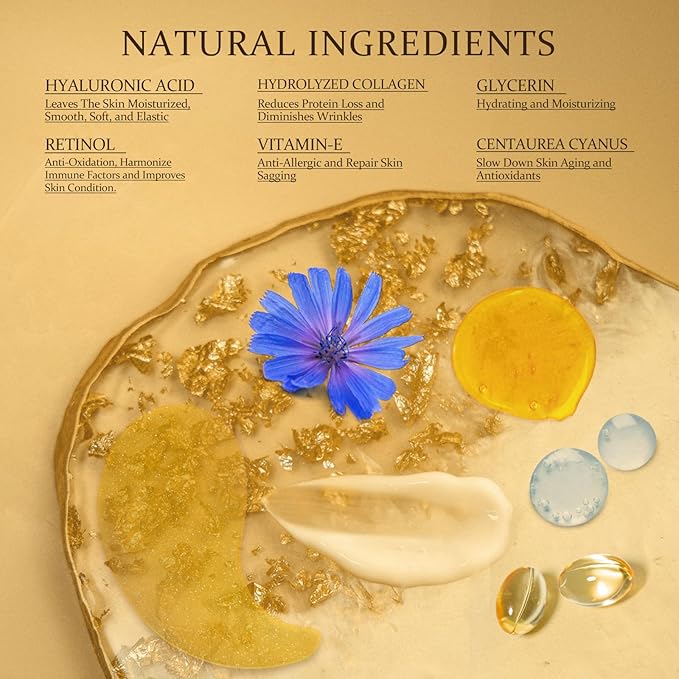 Under Eye Patches Masks - 24K Gold Eye Patch for Dark Circles & Puffy Eyesg,Fine Lines,Eye Bags, Wrinkle,Collagen Infused with Hyaluronic Acid, Hydration for Women and Men, (60 Pcs) Gold