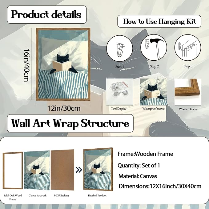 Framed Funny Black Cat Wall Art, Whimsical Cat in Stripe Bed Reading Wall Decor Painting Cute Animal Book Lover Poster Canvas Print for Bedroom Living Room 12x16 inch Wood Framed