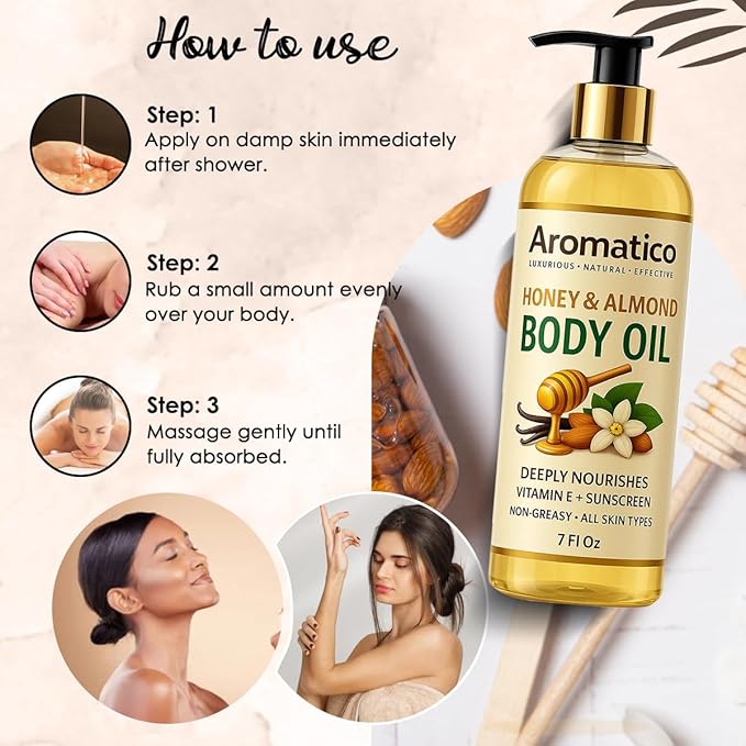 Aromatico Honey & Almond Body Oil for Women – 7 fl oz | Moisturizing After Shower Body Oil for Daily Use | Cozy & Creamy Fragrance