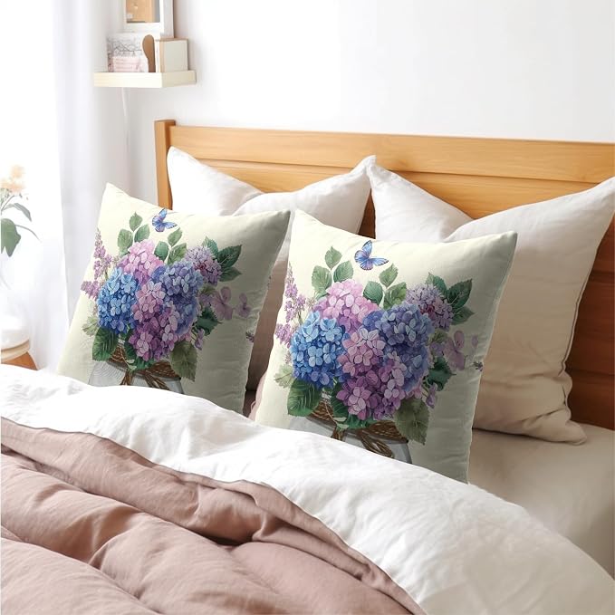 Kawani Hydrangea Flower Throw Pillow Covers 22x22 Inch Butterfly Purple Blue Floral and Leaves Mason Jar Square Pillowcases Cotton Linen Cushion Cover for Couch Sofa Bed Home Decor