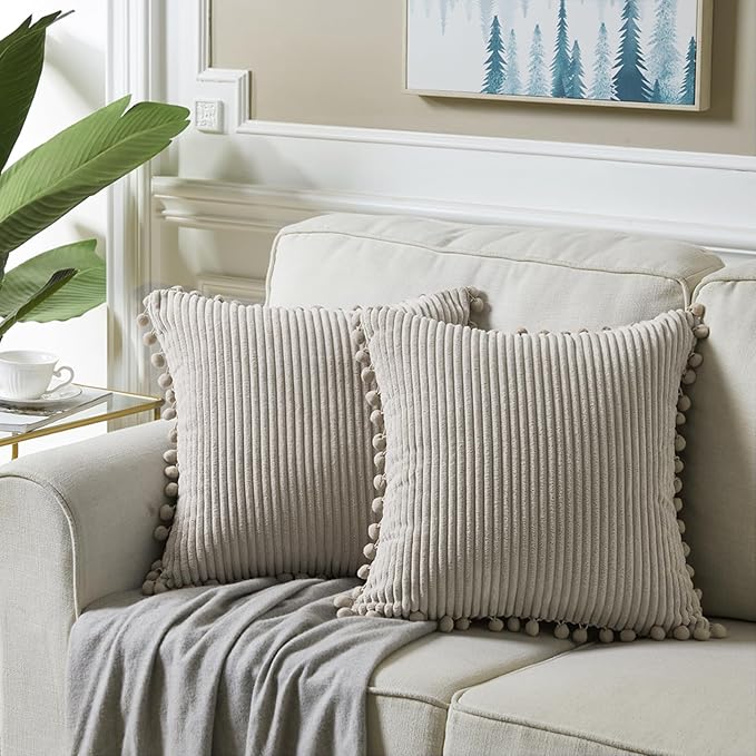 Fancy Homi 2 Packs Neutral Taupe Decorative Throw Pillow Covers 18x18 Inch with Pom-poms for Couch Bed Sofa, Aesthetic Modern Organic Farmhouse Boho Home Decor, Soft Corduroy Cute Accent Cushion Case